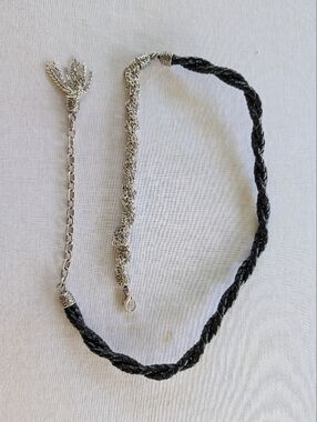 Brighton Black Braided Leather Silver Chain Tassel Belt Adjustable / Like New